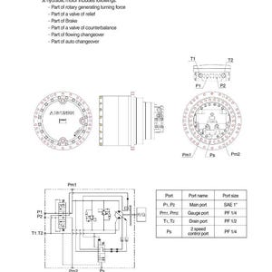 May include: Diagram of a hydraulic motor, labeled "GROUP 4 TRAVEL DEVICE." Includes schematics, port details, and a list of components such as a valve of relief and brake. The diagram includes measurements in inches.