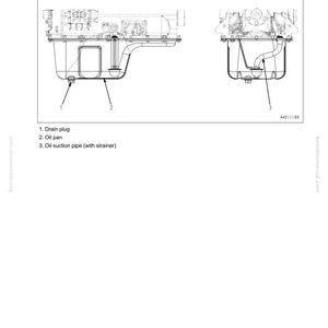 May include: Diagram of an oil pan with labeled components: drain plug, oil pan, and oil suction pipe. The text "Oil pan" and "10 Structure and function" are at the top. The shape is subject to machine models.