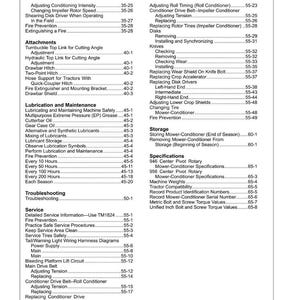 Puede incluir: Una detallada tabla de contenidos de un manual, con fondo blanco y texto negro. El documento cubre temas como mantenimiento, soluci&oacute;n de problemas y especificaciones para maquinaria agr&iacute;cola. Se enumeran los n&uacute;meros de p&aacute;gina.