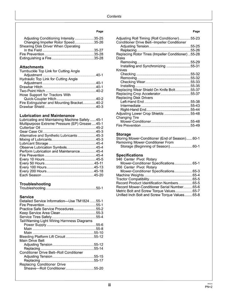 Puede incluir: Una detallada tabla de contenidos de un manual, con fondo blanco y texto negro. El documento cubre temas como mantenimiento, soluci&oacute;n de problemas y especificaciones para maquinaria agr&iacute;cola. Se enumeran los n&uacute;meros de p&aacute;gina.