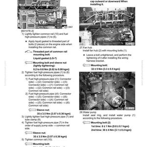 May include: Diagram of engine components with labels and instructions for disassembly and assembly. Includes details on tightening bolts, fuel pipes, and the fan hub. The image is from a service manual.
