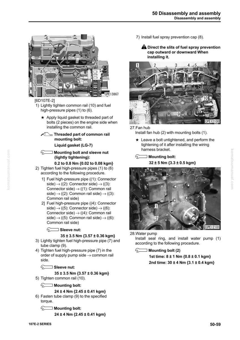 May include: Diagram of engine components with labels and instructions for disassembly and assembly. Includes details on tightening bolts, fuel pipes, and the fan hub. The image is from a service manual.