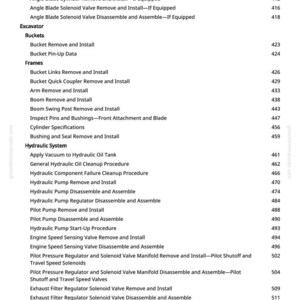 May include: A page from a greenfarmmanuals.com manual, listing procedures for an excavator. Topics include removing and installing various components like blades, valves, and hydraulic systems. The page number is 6.