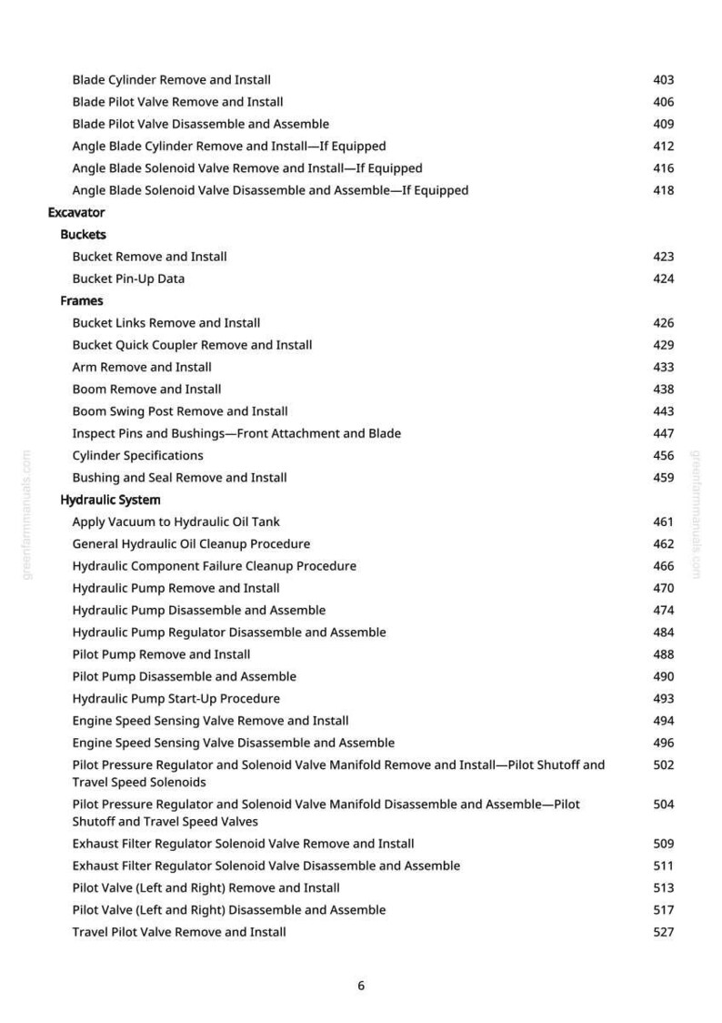 May include: A page from a greenfarmmanuals.com manual, listing procedures for an excavator. Topics include removing and installing various components like blades, valves, and hydraulic systems. The page number is 6.