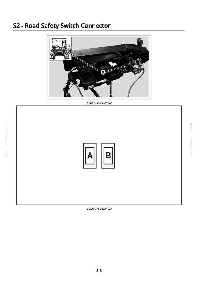 May include: Diagram of a road safety switch connector, labeled S2. The image includes a detailed illustration of the connector and a smaller diagram of a tractor. The text "A" and "B" are in separate boxes.