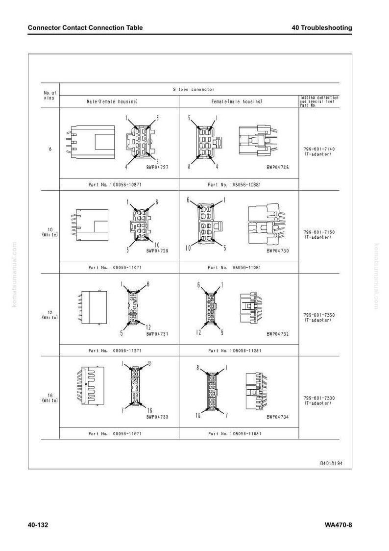 May include: Diagram of connector contact connections, including male and female housings, with part numbers and testing information. The table shows connectors with 8, 10, 12, and 16 pins. Text includes "Connector Contact Connection Table" and "40 Troubleshooting."