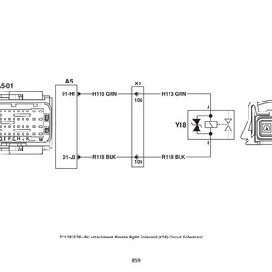 May include: Schematic diagram of an attachment rotate right solenoid (Y18) circuit. The diagram includes connectors, wiring, and labels such as "H113 GRN" and "R118 BLK". The text "TX1282578" is also present.
