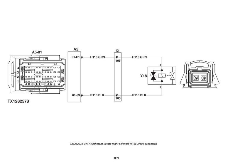 May include: Schematic diagram of an attachment rotate right solenoid (Y18) circuit. The diagram includes connectors, wiring, and labels such as "H113 GRN" and "R118 BLK". The text "TX1282578" is also present.