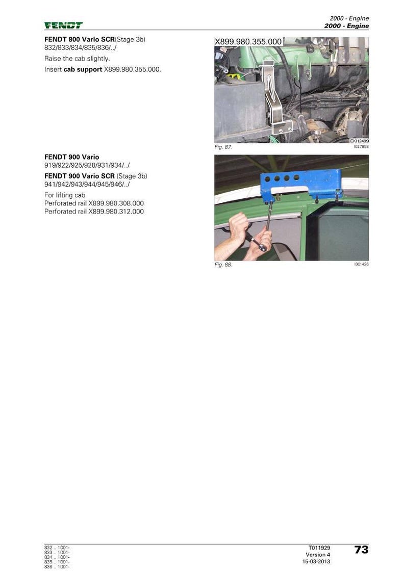 May include: Technical diagram from Fendt, featuring engine components and part numbers. Includes images of machinery parts, with text detailing models like the 800 Vario SCR and 900 Vario series. The page is numbered 73.