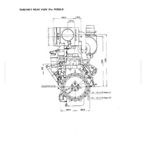 Op de afbeelding: Een gedetailleerde technische tekening van een mechanische motor, getiteld "SA6D140-1 REAR VIEW (For PC650-3)". De tekening bevat afmetingen in millimeters, met belangrijke componenten en afmetingen duidelijk aangegeven. De tekening is in zwart-wit.