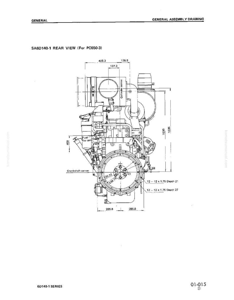 Op de afbeelding: Een gedetailleerde technische tekening van een mechanische motor, getiteld "SA6D140-1 REAR VIEW (For PC650-3)". De tekening bevat afmetingen in millimeters, met belangrijke componenten en afmetingen duidelijk aangegeven. De tekening is in zwart-wit.