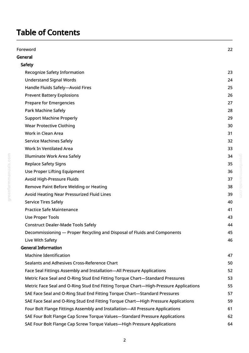 May include: A white page titled "Table of Contents" from a manual. The text lists safety topics like "Handle Fluids Safely" and "Prevent Battery Explosions." The page numbers are visible on the right side.