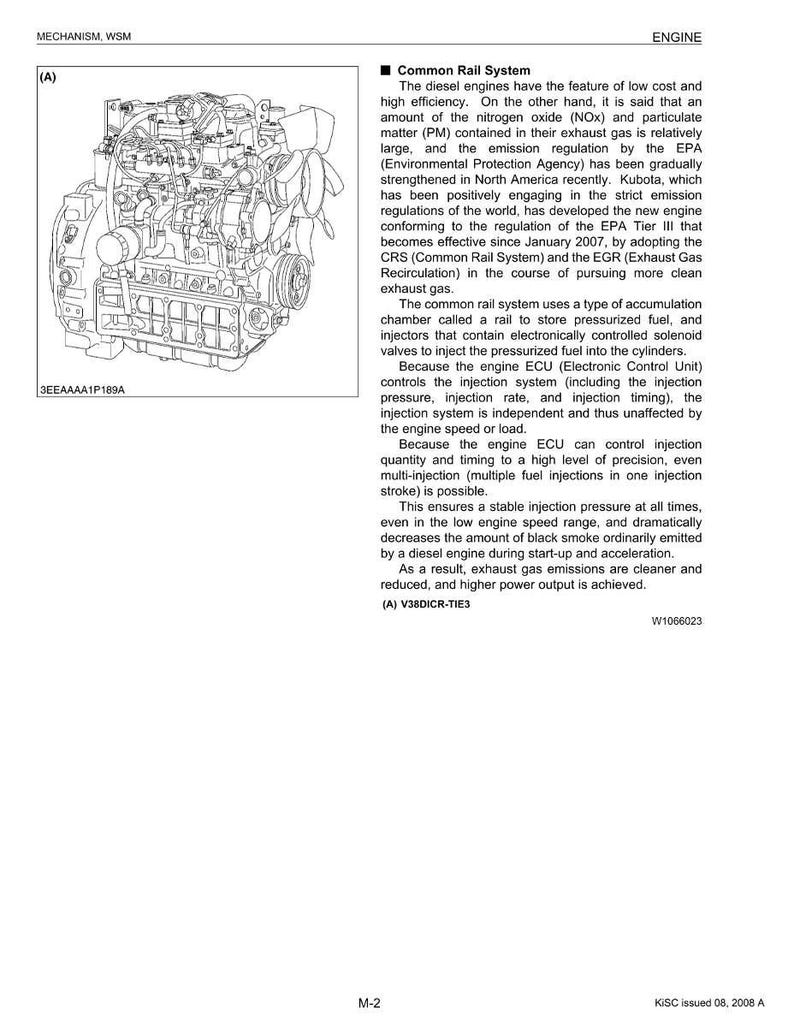May include: Detailed diagram of an engine, labeled as a Common Rail System. The image includes text describing the engine's features, including low cost, high efficiency, and emission control. The diagram is labeled with the text "MECHANISM, WSM" and "ENGINE".