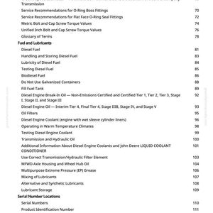 Pu&ograve; includere: Una pagina bianca stampata da un manuale con un sommario. Il testo include specifiche, carburante e lubrificanti e posizioni dei numeri di serie. Il numero di pagina &egrave; 3.