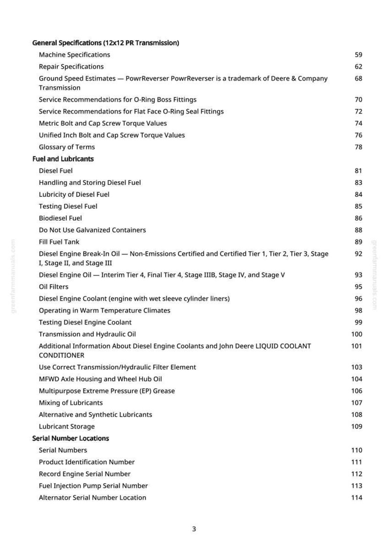 Pu&ograve; includere: Una pagina bianca stampata da un manuale con un sommario. Il testo include specifiche, carburante e lubrificanti e posizioni dei numeri di serie. Il numero di pagina &egrave; 3.