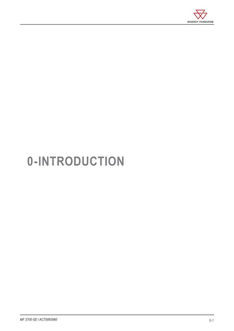 May include: White page with the text "0-INTRODUCTION" in gray. The Massey Ferguson logo is in the upper right corner. At the bottom of the page is the text "MF 3700 GE I ACT0093960" and the page number "0-1".
