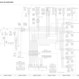 K&ouml;nnte beinhalten: Detaillierte schwarz-wei&szlig;e elektrische Schaltplan eines Klimaanlagen-Systems. Das Diagramm zeigt zahlreiche Komponenten, Verkabelungen und Textbeschriftungen. Der Titel "ELECTRIC CIRCUIT DIAGRAM OF AIR CONDITIONER" ist oben im Bild zu sehen.