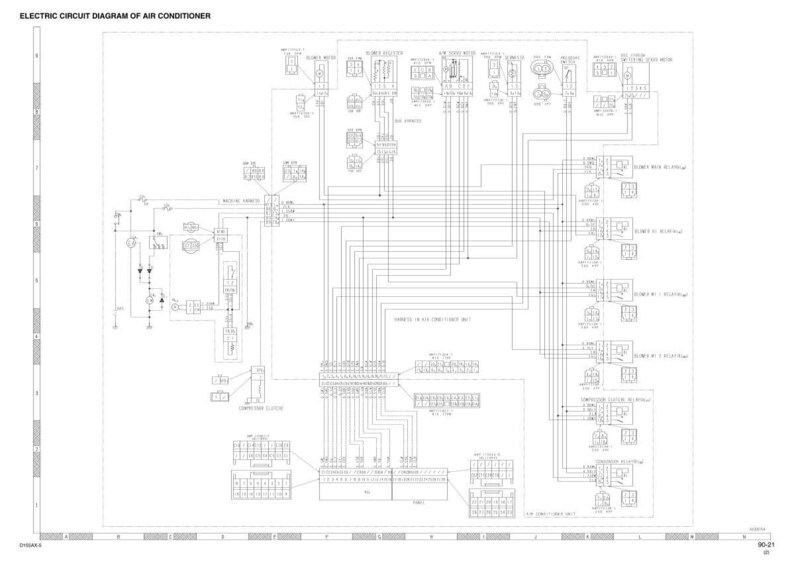 K&ouml;nnte beinhalten: Detaillierte schwarz-wei&szlig;e elektrische Schaltplan eines Klimaanlagen-Systems. Das Diagramm zeigt zahlreiche Komponenten, Verkabelungen und Textbeschriftungen. Der Titel "ELECTRIC CIRCUIT DIAGRAM OF AIR CONDITIONER" ist oben im Bild zu sehen.