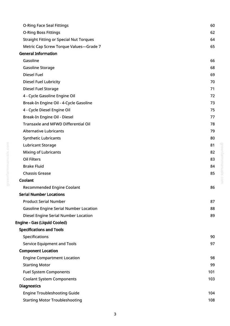 May include: A page from a manual with a table of contents. The headings include "General Information", "Coolant", "Serial Number Locations", and "Diagnostics". The page number is 3.
