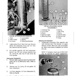 May include: Black and white technical diagrams detailing aftercooler removal and unloader valve disassembly. The diagrams include labeled parts such as nuts, springs, and caps, with accompanying text instructions for maintenance and cleaning procedures.