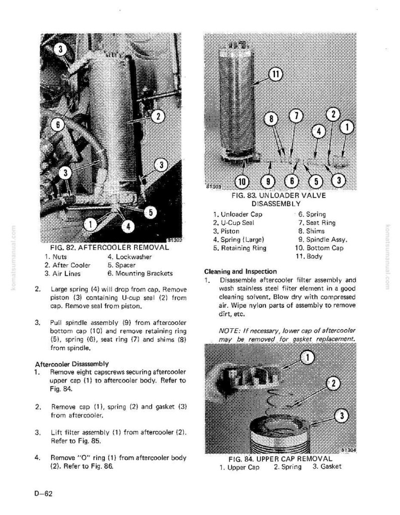 May include: Black and white technical diagrams detailing aftercooler removal and unloader valve disassembly. The diagrams include labeled parts such as nuts, springs, and caps, with accompanying text instructions for maintenance and cleaning procedures.