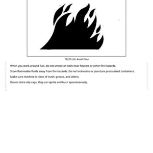 Puede incluir: Un gr&aacute;fico de informaci&oacute;n de seguridad con el texto &laquo;Manejar l&iacute;quidos con seguridad - Evitar incendios&raquo;. La imagen presenta una silueta negra de llamas. Texto adicional proporciona instrucciones de seguridad.