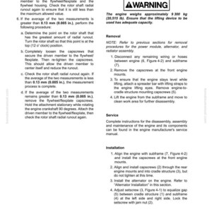 Puede incluir: Una p&aacute;gina de un manual de reparaci&oacute;n de motores con instrucciones detalladas para la extracci&oacute;n, el servicio y la instalaci&oacute;n del motor. El texto incluye advertencias, medidas en mm y kg, y diagramas. El manual es para una transmisi&oacute;n.
