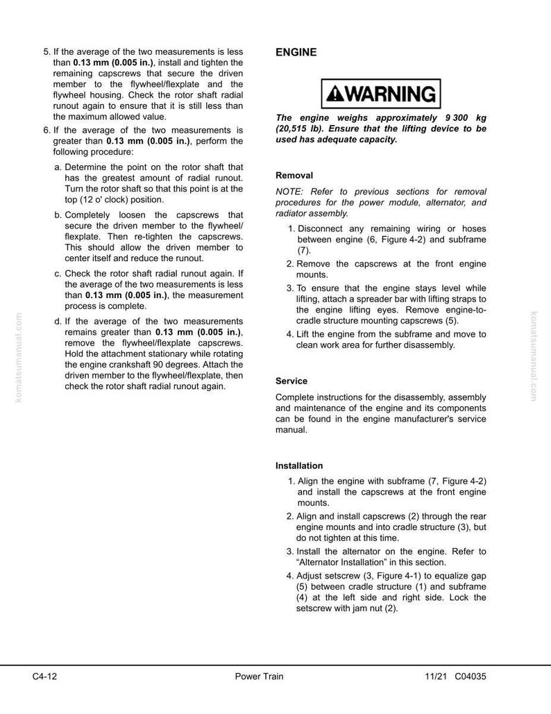Puede incluir: Una p&aacute;gina de un manual de reparaci&oacute;n de motores con instrucciones detalladas para la extracci&oacute;n, el servicio y la instalaci&oacute;n del motor. El texto incluye advertencias, medidas en mm y kg, y diagramas. El manual es para una transmisi&oacute;n.