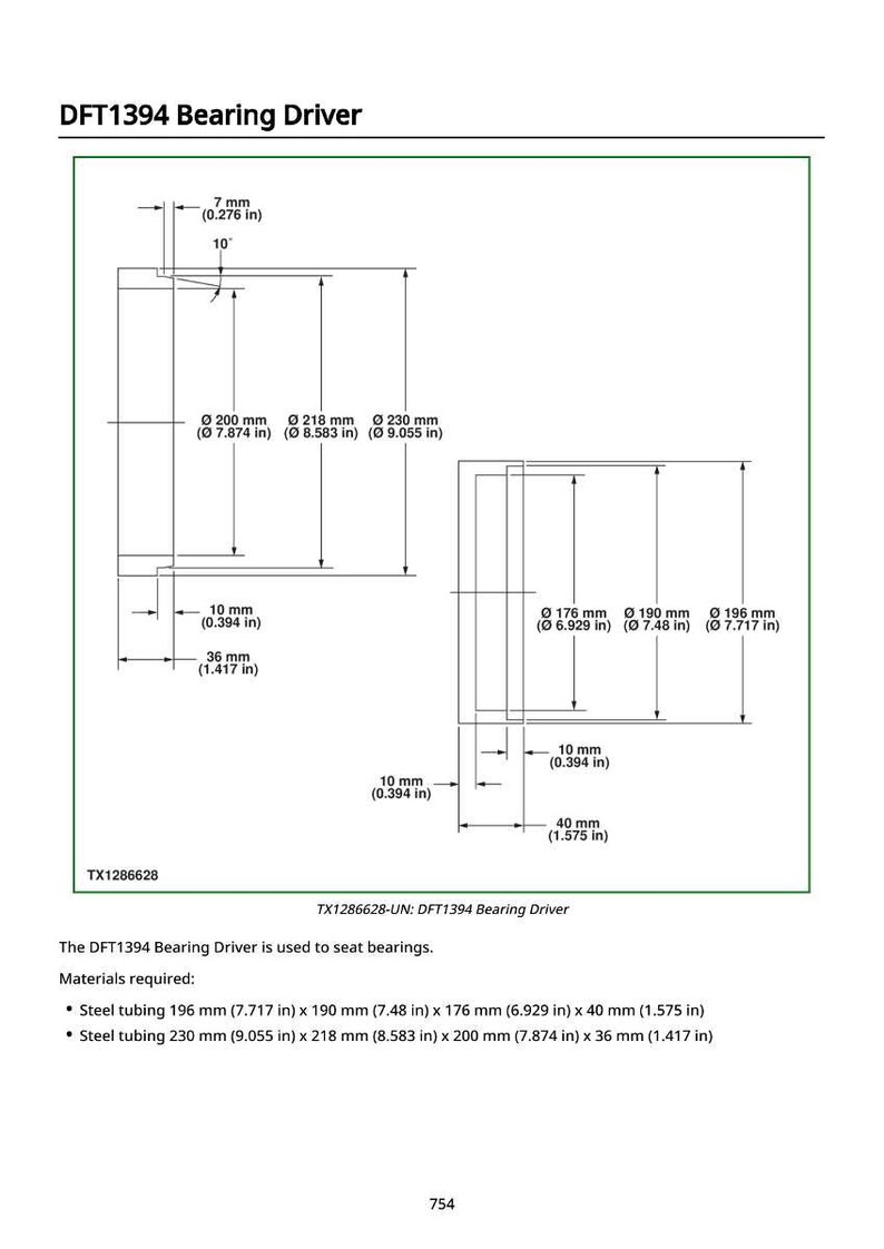 May include: Technical diagram of a DFT1394 Bearing Driver, showing dimensions in both millimeters and inches. Features measurements for steel tubing, including 196 mm x 190 mm x 176 mm x 40 mm. Used for seating bearings.