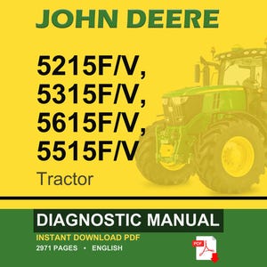May include: A John Deere tractor diagnostic manual cover. The image features a green tractor on a yellow background with the text "JOHN DEERE" and tractor model numbers. The words "DIAGNOSTIC MANUAL" are also visible.