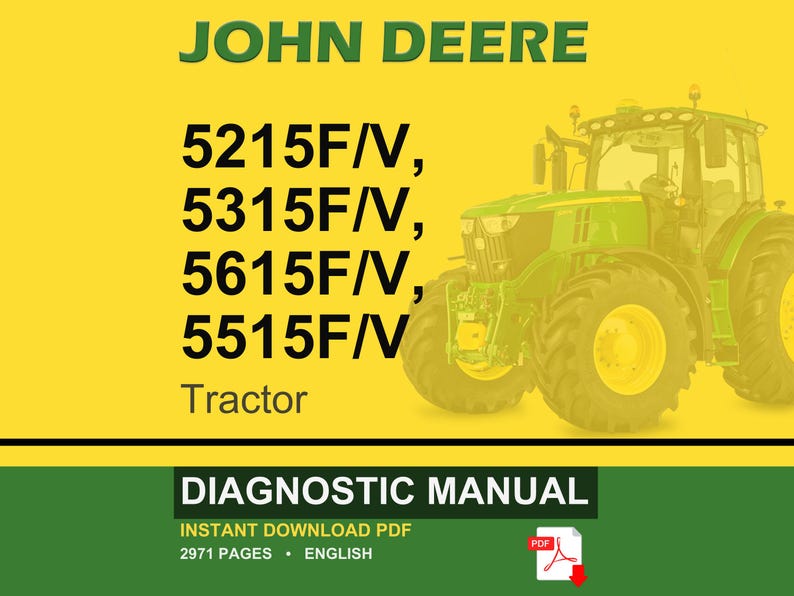 May include: A John Deere tractor diagnostic manual cover. The image features a green tractor on a yellow background with the text "JOHN DEERE" and tractor model numbers. The words "DIAGNOSTIC MANUAL" are also visible.
