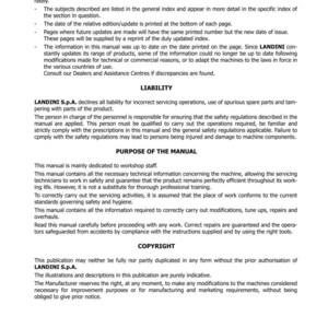 Pu&ograve; includere: Una pagina del manuale di un trattore Mistral, con introduzione, responsabilit&agrave; e scopo del manuale. Il testo include informazioni su manutenzione, sicurezza e copyright. Il manuale &egrave; di LANDINI S.p.A.