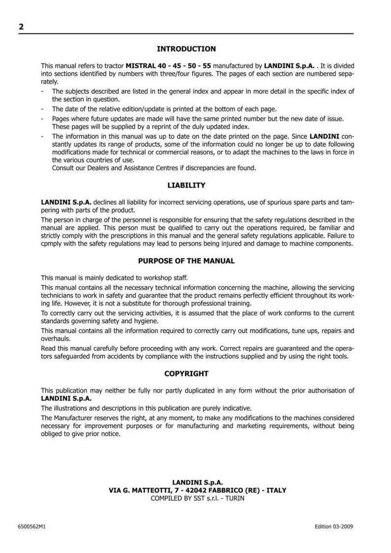 Pu&ograve; includere: Una pagina del manuale di un trattore Mistral, con introduzione, responsabilit&agrave; e scopo del manuale. Il testo include informazioni su manutenzione, sicurezza e copyright. Il manuale &egrave; di LANDINI S.p.A.
