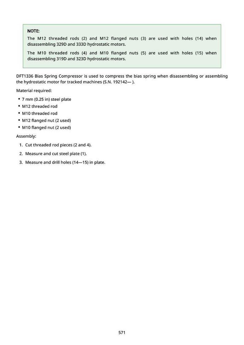 Puede incluir: Instrucciones t&eacute;cnicas con texto que detalla el uso de un compresor de resorte de polarizaci&oacute;n DFT1336 para motores hidrost&aacute;ticos. Incluye una lista de materiales requeridos, como una placa de acero de 7 mm, varillas roscadas y tuercas bridadas.
