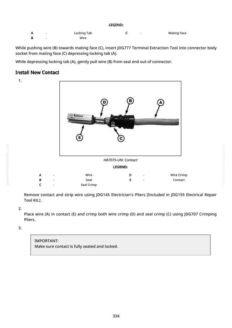 May include: Diagram illustrating the installation of an electrical contact. The image details wire, seal, and crimp components, labelled A, B, C, D, and E. Includes instructions and a legend for clarity.