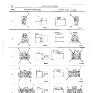 May include: Diagram of an automobile connector connection table with male and female housing illustrations. The table shows connectors with 2, 3, 4, 6, and 8 pins, labeled with pin numbers and part numbers.