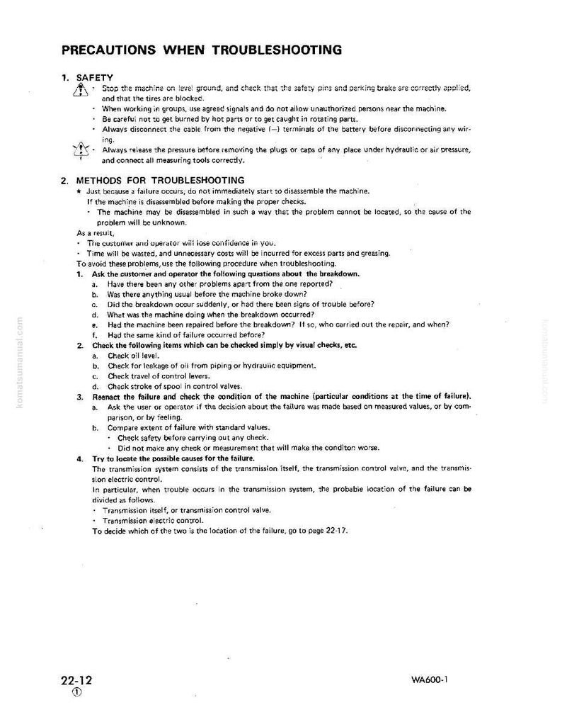 May include: A printed page from a manual titled "PRECAUTIONS WHEN TROUBLESHOOTING." The text includes safety instructions, troubleshooting methods, and a list of items to check. The page has the number 22-12 at the bottom.
