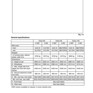 K&ouml;nnte beinhalten: Detaillierte Tabelle mit Traktorspezifikationen, einschlie&szlig;lich Gewichten und Abmessungen. Die Tabelle listet Messungen f&uuml;r die Modelle Vision 85, 95 und 105 mit 2WD- und 4WD-Optionen auf. Die Ma&szlig;e sind in Millimetern und Kilogramm angegeben.