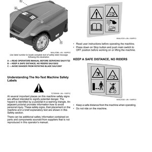 Op de afbeelding: Diagram van een robotmaaier met veiligheidslabels en instructies. De afbeelding bevat waarschuwingen over het lezen van de handleiding, het aanhouden van een veilige afstand en het vermijden van berijders. Tekst bevat veiligheidsinformatie.