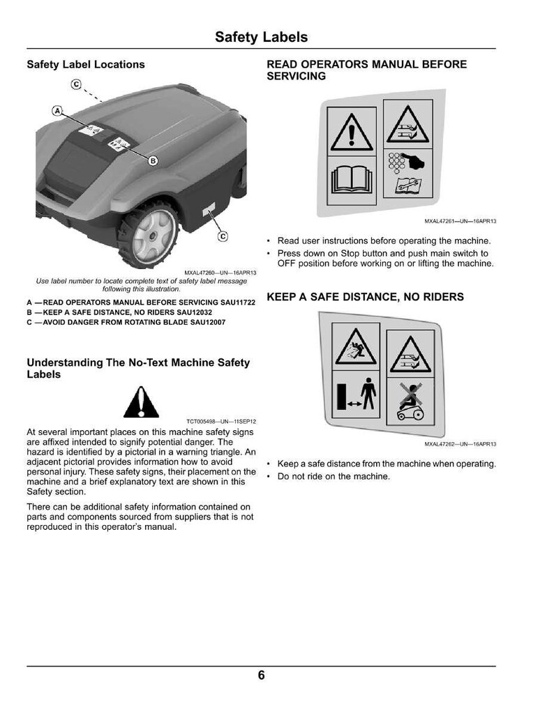 Op de afbeelding: Diagram van een robotmaaier met veiligheidslabels en instructies. De afbeelding bevat waarschuwingen over het lezen van de handleiding, het aanhouden van een veilige afstand en het vermijden van berijders. Tekst bevat veiligheidsinformatie.