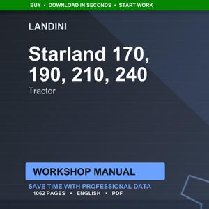 Pode incluir: Gr&aacute;fico azul escuro com o texto "LANDINI" no topo. Abaixo, o texto diz "Starland 170, 190, 210, 240 Tractor." Um ret&acirc;ngulo azul indica "WORKSHOP MANUAL." A imagem tamb&eacute;m inclui "SAVE TIME WITH PROFESSIONAL DATA" e "1062 PAGES &bull; ENGLISH &bull; PDF."