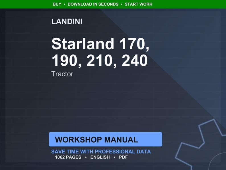 Pode incluir: Gr&aacute;fico azul escuro com o texto "LANDINI" no topo. Abaixo, o texto diz "Starland 170, 190, 210, 240 Tractor." Um ret&acirc;ngulo azul indica "WORKSHOP MANUAL." A imagem tamb&eacute;m inclui "SAVE TIME WITH PROFESSIONAL DATA" e "1062 PAGES &bull; ENGLISH &bull; PDF."