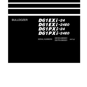 K&ouml;nnte beinhalten: Schwarz-wei&szlig; Shop Manual f&uuml;r einen Bulldozer. Das Handbuch enth&auml;lt die Modellnummern D61EXi-24, D61EXi-24E0, D61PXi-24 und D61PXi-24E0. Seriennummern sind ebenfalls aufgef&uuml;hrt. Das Komatsu-Logo befindet sich unten.