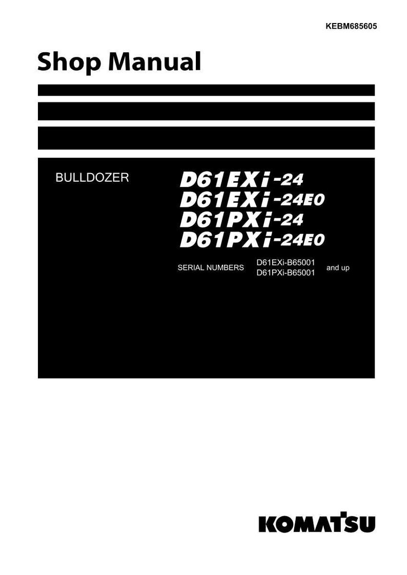 K&ouml;nnte beinhalten: Schwarz-wei&szlig; Shop Manual f&uuml;r einen Bulldozer. Das Handbuch enth&auml;lt die Modellnummern D61EXi-24, D61EXi-24E0, D61PXi-24 und D61PXi-24E0. Seriennummern sind ebenfalls aufgef&uuml;hrt. Das Komatsu-Logo befindet sich unten.