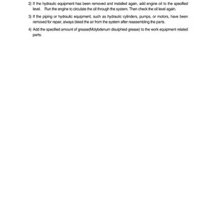 May include: White page with black text detailing steps for completing work on equipment. The text includes instructions on coolant, hydraulic equipment, and grease application. The page is labeled "3. COMPLETING WORK".