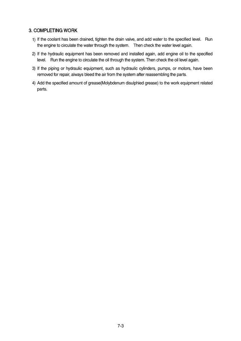 May include: White page with black text detailing steps for completing work on equipment. The text includes instructions on coolant, hydraulic equipment, and grease application. The page is labeled "3. COMPLETING WORK".
