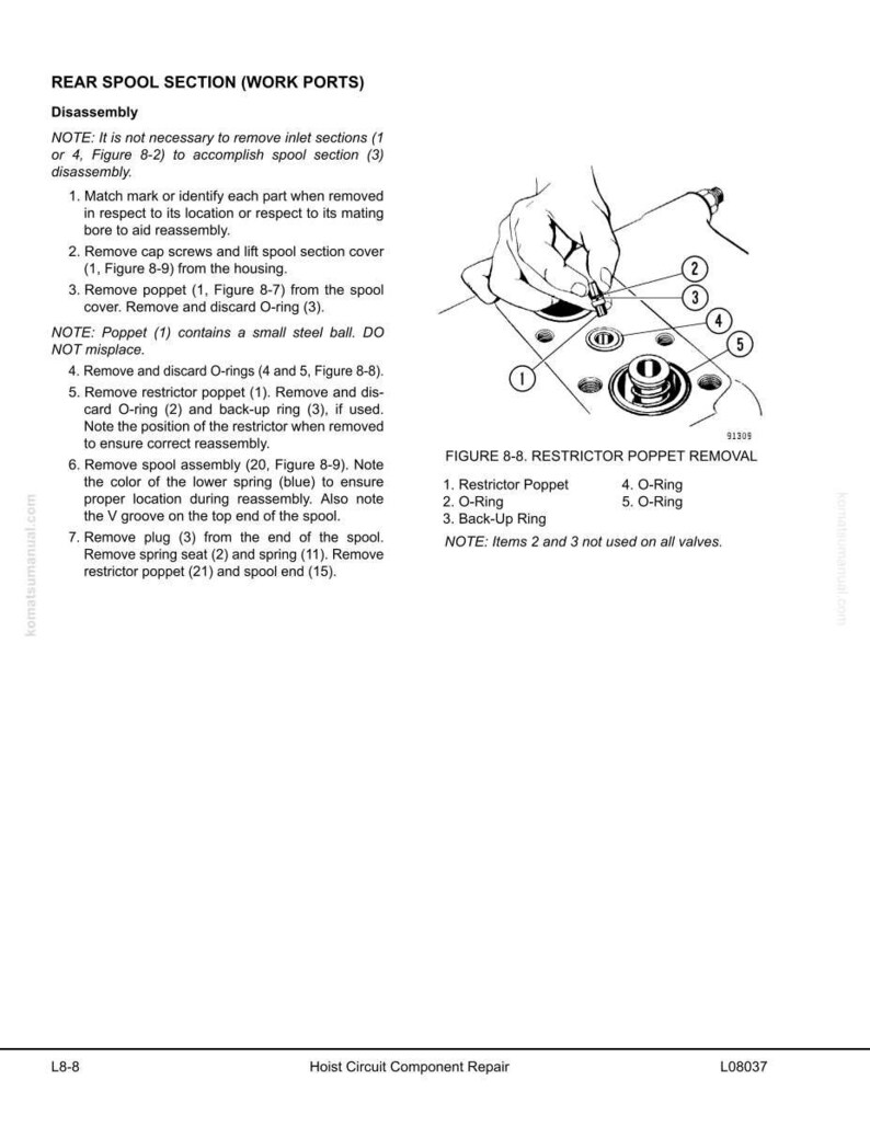 May include: Diagram of a rear spool section with numbered components for disassembly. Includes a close-up illustration of restrictor poppet removal, with labels for the poppet, O-rings, and back-up ring. Text instructions accompany the diagram.