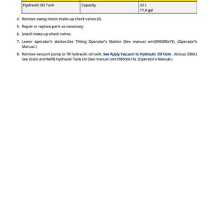May include: A page from an operator's manual detailing procedures for hydraulic oil tank maintenance. The table shows the item as "Hydraulic Oil Tank" with a capacity of 43 L or 11.4 gal.