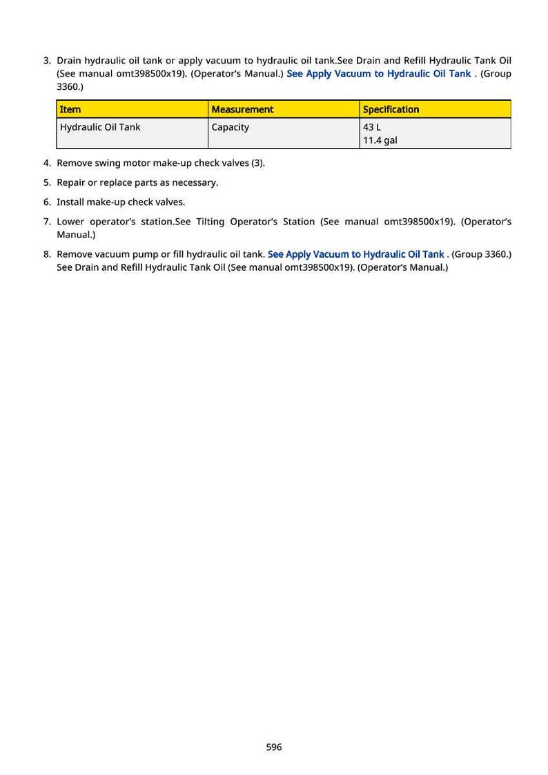 May include: A page from an operator's manual detailing procedures for hydraulic oil tank maintenance. The table shows the item as "Hydraulic Oil Tank" with a capacity of 43 L or 11.4 gal.