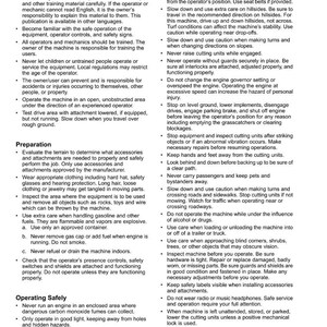 Puede incluir: Una p&aacute;gina de un manual de seguridad con el t&iacute;tulo "Seguridad". El texto proporciona instrucciones sobre la capacitaci&oacute;n del operador, la preparaci&oacute;n y el funcionamiento seguro de la maquinaria, incluidas advertencias sobre peligros y procedimientos adecuados.